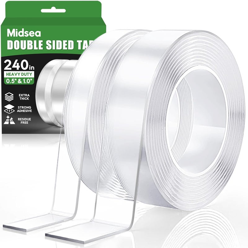 Midsea Extra Strong Double Sided Tape Heavy Duty - 240" x 1.0" & 0.5" - Removable Two Sided Nano Mounting Adhesive for Wall, Posters, Rug, Picture Hanging - Teacher, Dorm Room, Office & Outdoor Essentials - Image 1